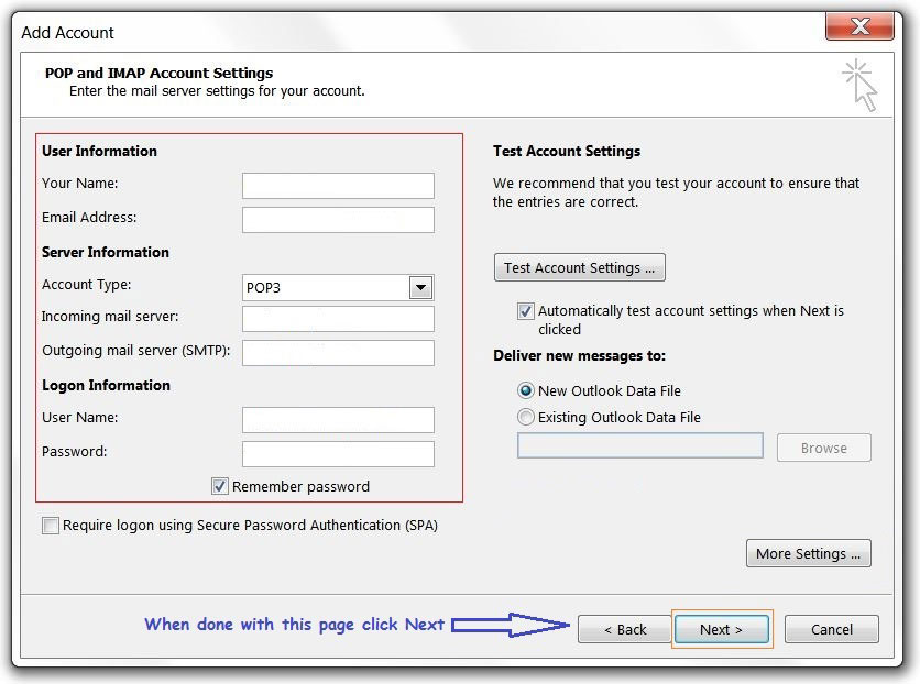 Outlook 2013 POP set up - step 3