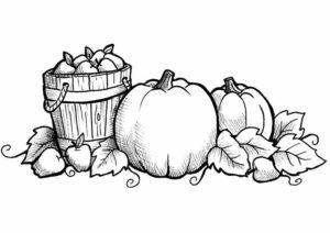 pumpkins, apples, and leaves coloring page.